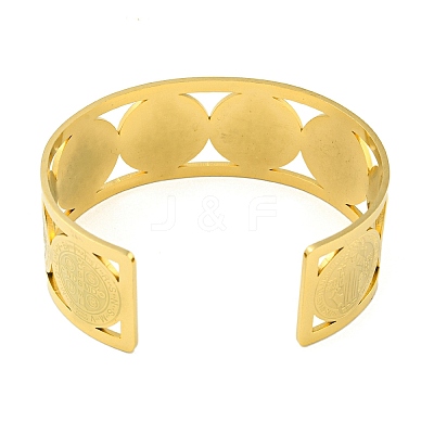 304 Stainless Steel Wide Hollow Saint Benedict Medal Open Cuff Bangles LS-BJEW-S154-01G-1