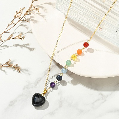 Chakra Natural Black Onyx(Dyed & Heated) Heart Pendant Brass Cable Chain Necklaces for Women NJEW-JN06267-02-1