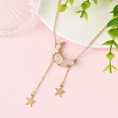 Natural Rose Quartz Chip Beads Moon Pendant Brass Cable Chain Necklaces for Women NJEW-TA00257-03-1