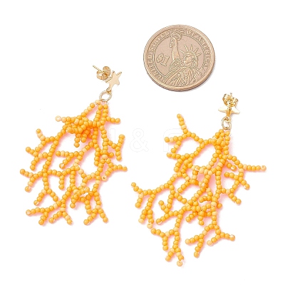 Star with Coral Handmade Glass Seed Beads Tassel Stud Earrings EJEW-MZ00472-02-1