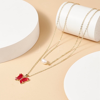 4Pcs 4 Color Glass Butterfly & Natural Pearl Pendants Double Layer Necklaces Set with Clear Cubic Zirconia NJEW-TA00043-1