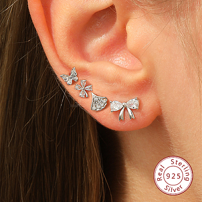 Anti-Tarnish 4Pcs 4 Style Rhodium Plated 925 Sterling Silver Stud Earrings Set PI9253-2-1