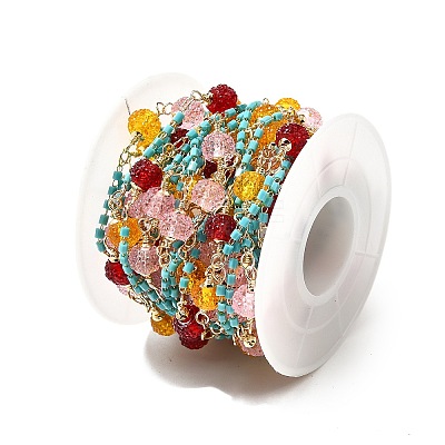 Brass Hexagonal Column Glass Seaded Beaded & Resin Round Beaded Link Chains CHC-G026-01F-1