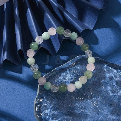 Natural Amazonite & Rose Quartz & Quartz Crystal & Green Aventurine Round Beaded Stretch Bracelets BJEW-JB10910-10-1