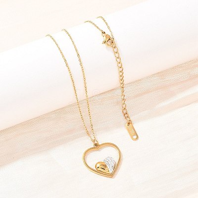 304 Stainless Steel with Polymer Clay Crystal Rhinestone Heart Pendant Necklaces for Women NJEW-A064-03G-1