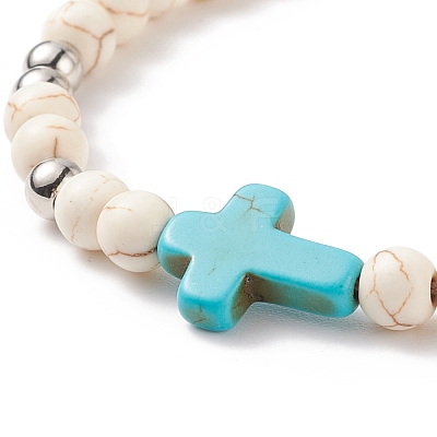 Synthetic Magnesite Braided Bead Bracelet with Synthetic Turquoise(Dyed) Cross BJEW-TA00146-01-1