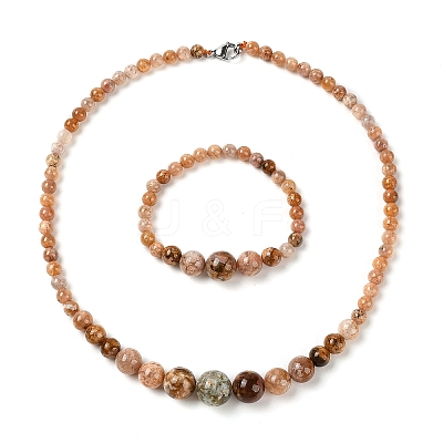 Natural Agate Round Beads Bracelets & Necklaces Sets SJEW-L132-22-1
