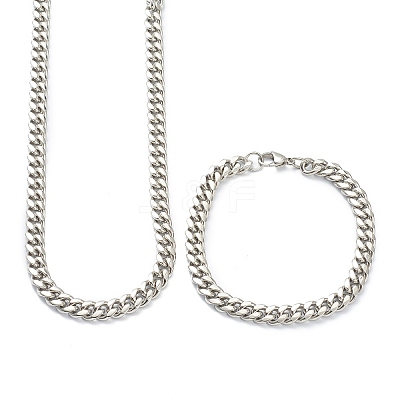 304 Stainless Steel Cuban Link Chain Bracelets & Necklaces Jewelry Sets SJEW-B019-03B-P-1