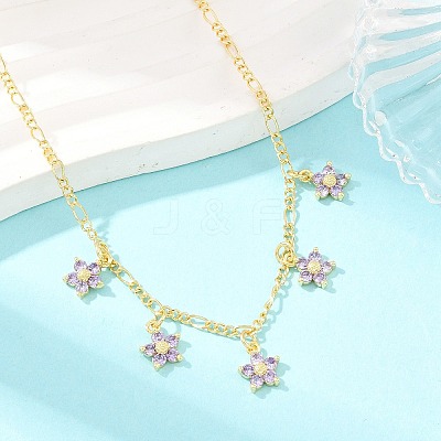Brass Pave Lilac Cubic Zirconia Flower Pendant Figaro Chain Bib Necklaces for Women NJEW-F364-01G-1