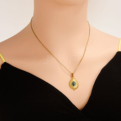 304 Stainless Steel Pave Natural Paua Shell Teardrop Pendant Necklaces RV9484-3-1