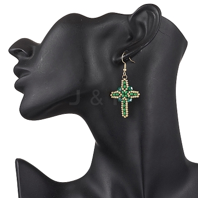 304 Stainless Steel Glass Seeds Cross Dangle Earrings EJEW-MZ00506-07-1