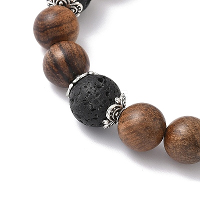 Natural Wood & Lava Rock Round Beads Stretch Bracelets BJEW-JB12353-03-1