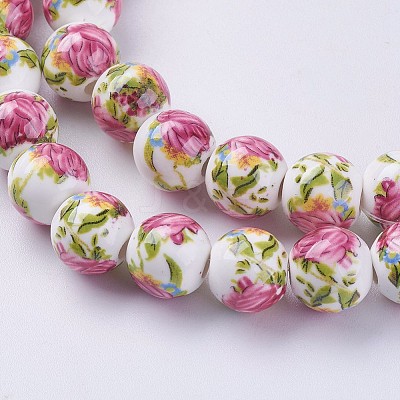 Handmade Flower Printed Porcelain Ceramic Beads Strands PORC-J006-A03-1