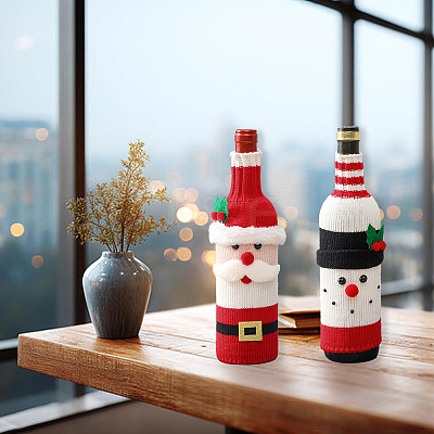2Pcs 2 Styles Christmas Acrylic Fiber Wine Bottle Sleeve AJEW-CN0005-56-1