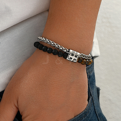 Natural Tiger Eye and Frosted Obsidian Round Beaded 2-Strand Bracelets with 201 Stainless Steel Wheat Chains for Men Women NT5911-3-1