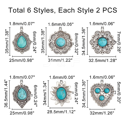 12Pcs 6Style Tibetan Style Alloy Pendants PALLOY-PH0001-73AS-RS-1