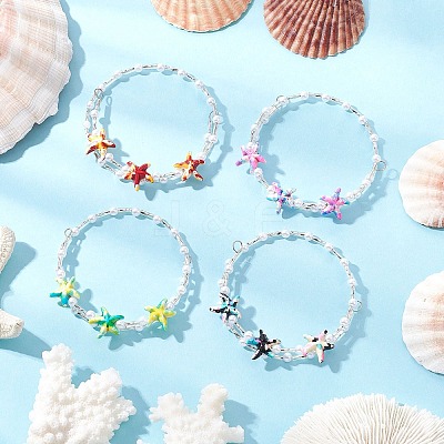 Starfish Synthetic Turquoise & Imitated Pearl Acrylic & Glass Twisted Bugle Beaded Bracelets for Women BJEW-JB11850-1