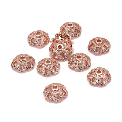Eco-Friendly 6-Petal Flower Brass Micro Pave Cubic Zirconia Bead Caps ZIRC-M098-01RG-FF-1
