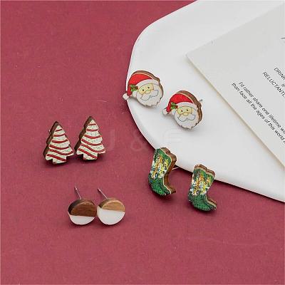 4 Pairs Santa Claus & Boot & Christmas Tree Printed Wood Stud Earrings EJEW-OY001-03-1