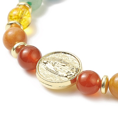 Dyed Natural & Synthetic Mixed Gemstone & Brass Virgin Mary Beaded Stretch Bracelet BJEW-JB09321-1