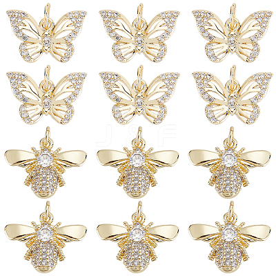 12Pcs 2 Style Brass Micro Pave Clear Cubic Zirconia Charms KK-DC0001-90-1