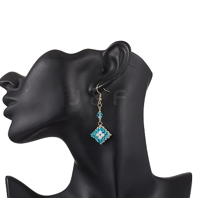 304 Stainless Steel Handmade Glass Seed Beads Rhombus Dangle Earrings EJEW-MZ00517-03-1