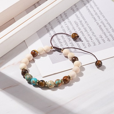 Natural Wood & Imperial Jasper(Dyed) & Tiger Eye Braided Beaded Bracelet BJEW-JB08210-1