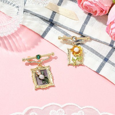 2Pcs 2 Styles Square & Rectangle with Flower Alloy ABS Imitation Pearl Brooch JEWB-CJ0001-92-1