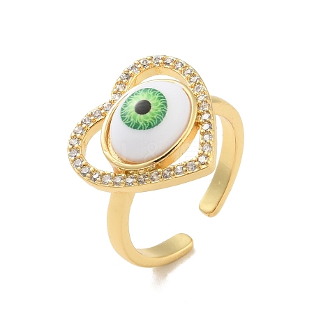 Cubic Zirconia Heart with Evil Eye Open Cuff Ring with Acrylic RJEW-B042-05G-01-1