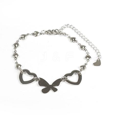 Tarnish Resistant 304 Stainless Steel Butterfly and Heart Link Bracelets BJEW-I184-38-1