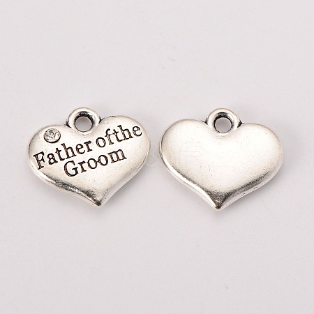 Wedding Theme Antique Silver Tone Tibetan Style Heart with Father of the Groom Rhinestone Charms TIBEP-N005-13D-1