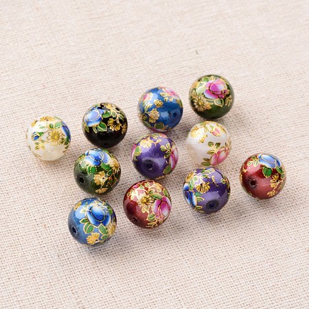 Flower Picture Printed Glass Round Beads GLAA-J087-12mm-B-1