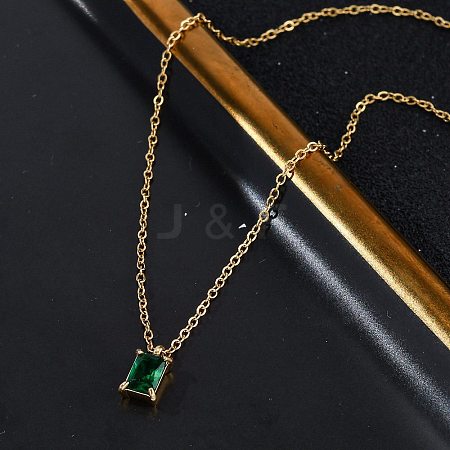 304 Stainless Steel Fern Green Rhinestone Rectangle Pendant Cable Chain Necklaces NJEW-U026-01G-1