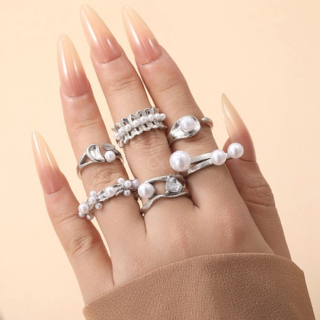 6Pcs Alloy Rhinestone Cuff Rings PW-WGC1140-01-1