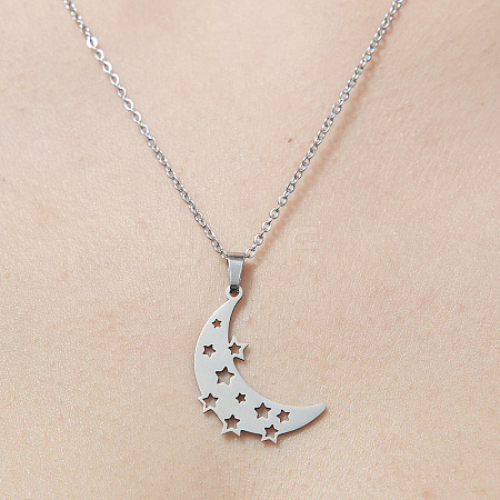 Non-Tarnish 201 Stainless Steel Hollow Moon & Star Pendant Necklace NJEW-OY001-71-1