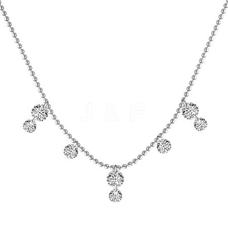 Rhodium Plated 925 Sterling Silver Pave Clear 5A Cubic Zirconia Ball Chain Flat Round Tassel Necklaces for Women NJEW-Q342-16P-1