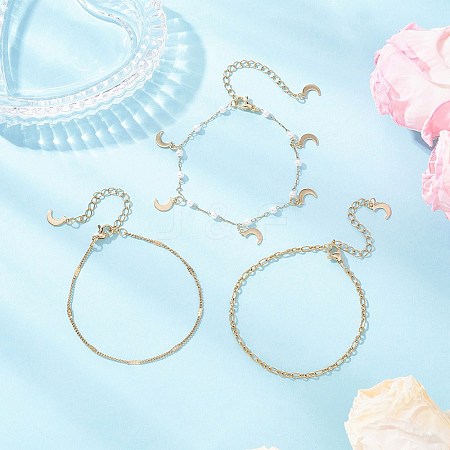 Round ABS Imitation Pearl Beaded Chains & 304 Stainless Steel Cable Chains Stackable Bracelets for Women BJEW-JB12452-03-1