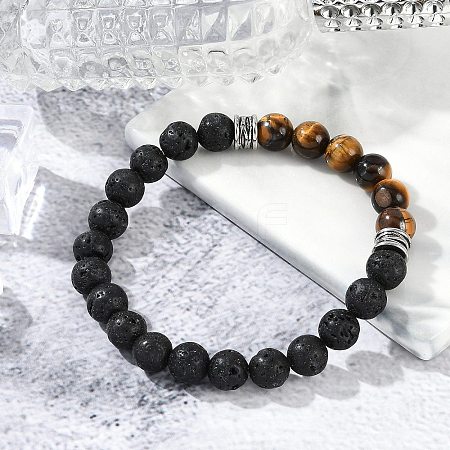 Natural Lava Rock & Tiger Eye Beaded Stretch Bracelets for Women Men BJEW-F486-04AS-1