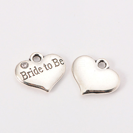 Wedding Theme Antique Silver Tone Tibetan Style Heart with Bride to Be Rhinestone Charms TIBEP-N005-10A-1