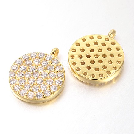 Hollow Flat Round Brass Micro Pave Cubic Zirconia Charms X-ZIRC-D052-G-1