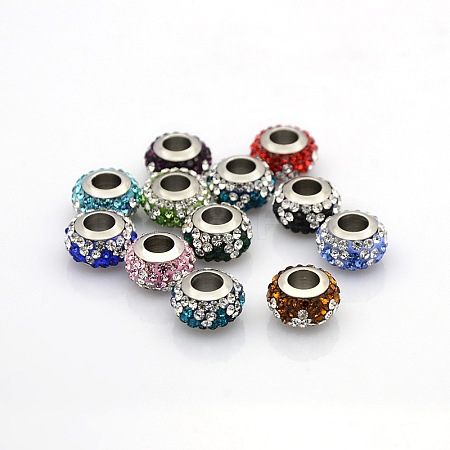 Nice Large Hole 304 Stainless Steel Polymer Clay Pave Two Tone Rhinestone European Beads CPDL-O002-01-1