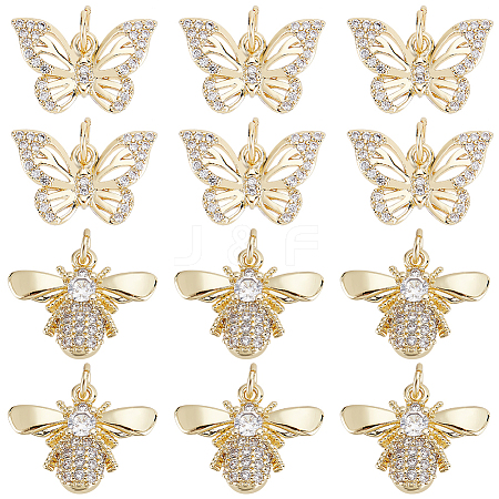 12Pcs 2 Style Brass Micro Pave Clear Cubic Zirconia Charms KK-DC0001-90-1