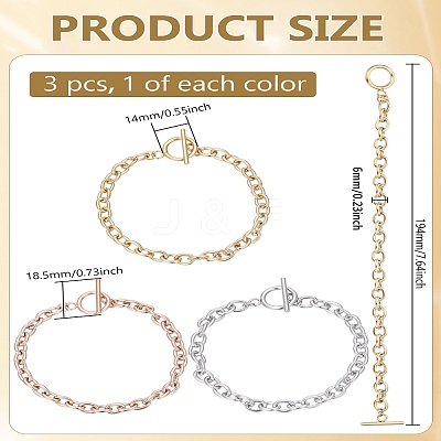 3Pcs 3 Colors Unisex 304 Stainless Steel Cable Chain Bracelets BJEW-LP0001-38-1