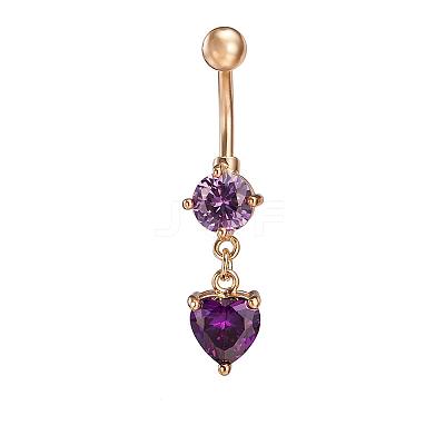 Real 18K Gold Plated Brass Rhinestone Heart Navel Ring Belly Rings AJEW-EE0001-56C-1