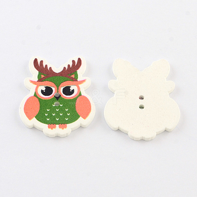 2-Hole Cartoon Owl Printed Wood Sewing Buttons X-BUTT-Q034-03D-1