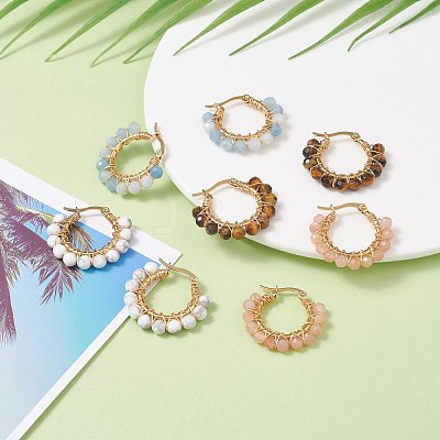 Faceted Round Natural Stone Beads Huggie Hoop Earrings for Girl Women EJEW-JE04687-1