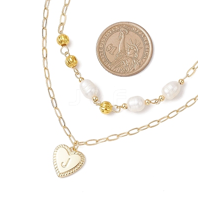 Natural Cultured Freshwater Pearl Rice Beads Brass Heart with Letter Pendant Paperclip Chain Double Layered Necklaces NJEW-JN05378-02-1
