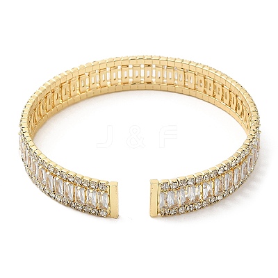 Rack Plating Brass Cubic Zirconia Rectangle Open Cuff Bangle for Women BJEW-M298-08G-1
