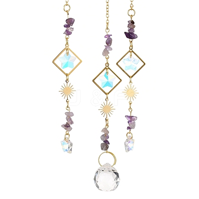 Natural Amethyst Chip & Brass Moon Hanging Suncatcher Pendant Decoration PW23041121729-1