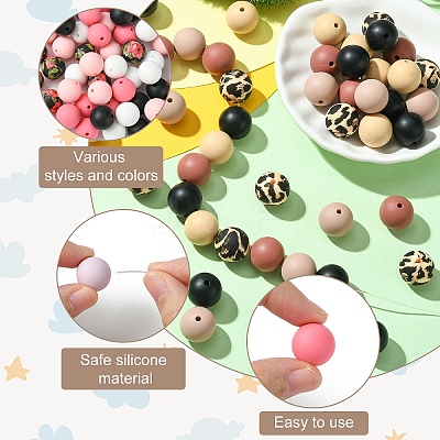 50Pcs 5 Styles Round Silicone Focal Beads SIL-YW0001-34A-1